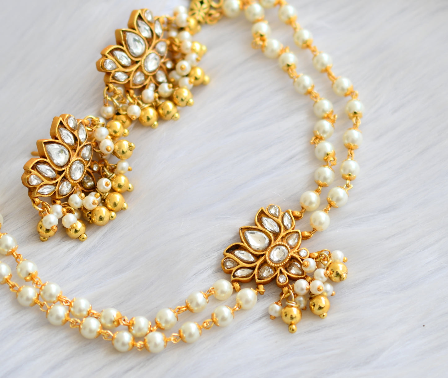 Gold tone white kundan jadau pearl Lotus choker necklace set dj-40622