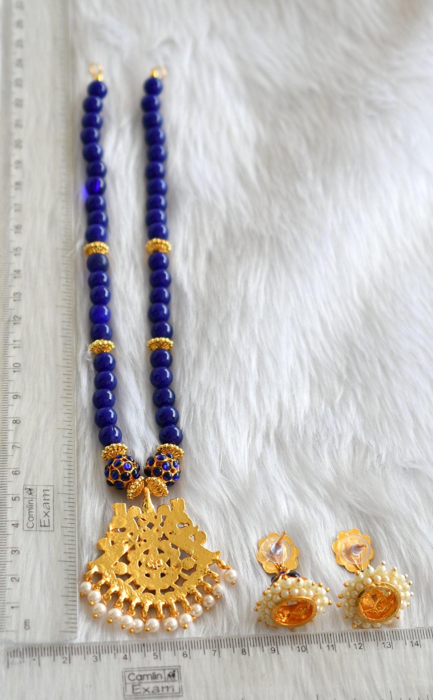 Gold tone blue beaded pearl kemp necklace set dj-18818