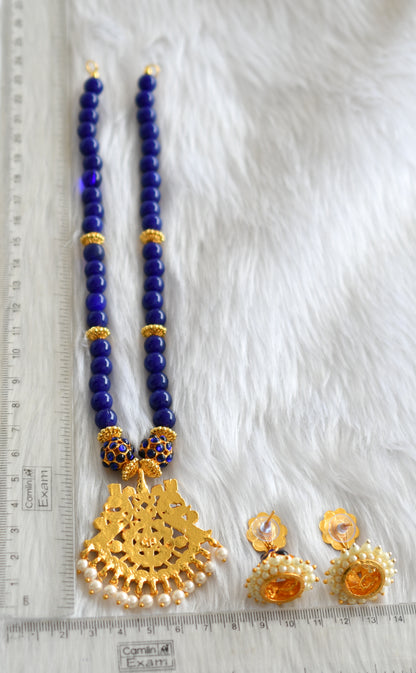 Gold tone blue beaded pearl kemp necklace set dj-18818