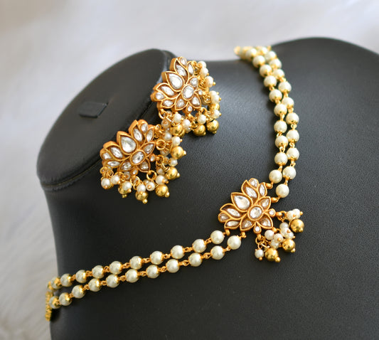 Gold tone white kundan jadau pearl Lotus choker necklace set dj-40622