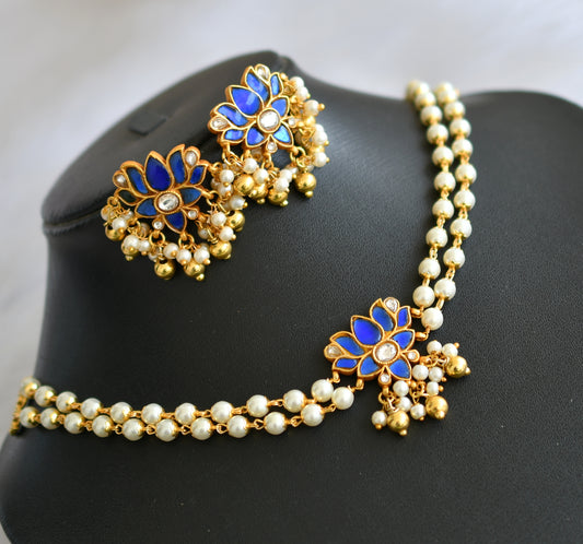 Gold tone blue-white kundan jadau pearl Lotus choker necklace set dj-40623