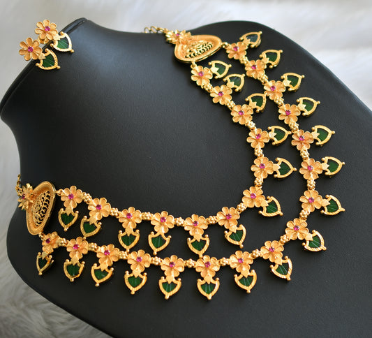 Gold tone pink stone Green palakka flower Kerala style double layer necklace set dj-41927