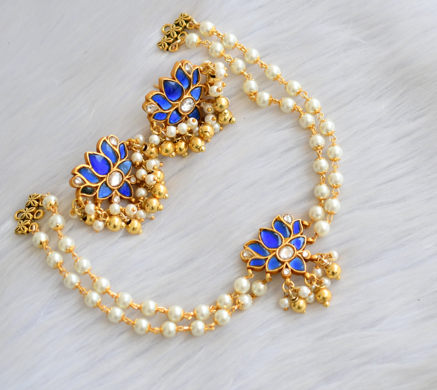 Gold tone blue-white kundan jadau pearl Lotus choker necklace set dj-40623