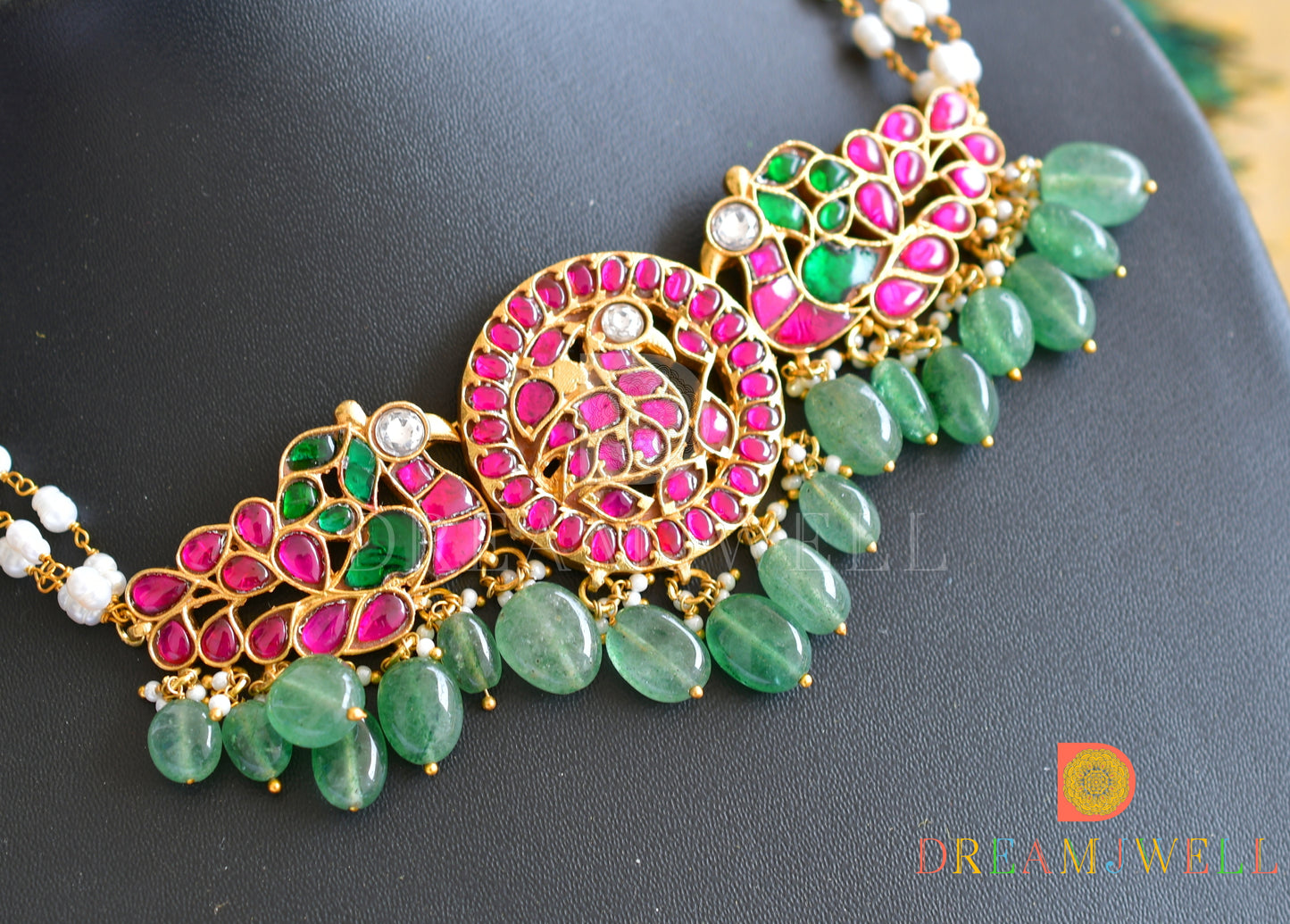 Gold tone Pink-green kundan jadau peacock rice pearl choker necklace dj-36056