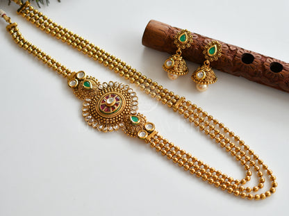 Antique Kundan Ruby-emerald Mugappu Multilayer Short Haar Set dj-12688