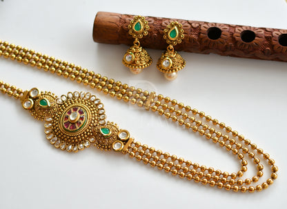 Antique Kundan Ruby-emerald Mugappu Multilayer Short Haar Set dj-12688