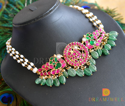 Gold tone Pink-green kundan jadau peacock rice pearl choker necklace dj-36056