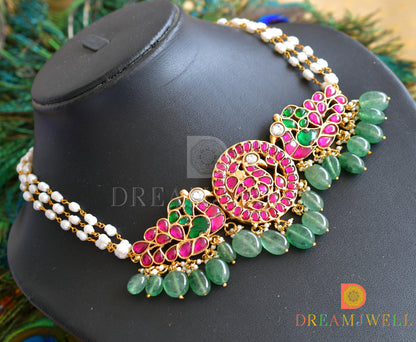 Gold tone Pink-green kundan jadau peacock rice pearl choker necklace dj-36056