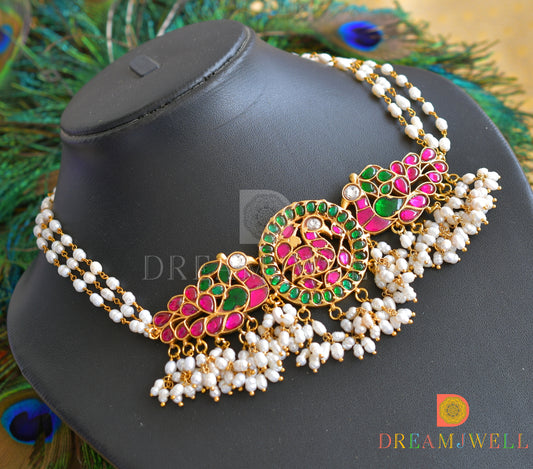 Gold tone Pink-green kundan jadau peacock rice pearl choker necklace dj-36057