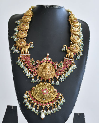 Antique gold look alike pink-green-white kundan jadau Lakshmi peacock Elephant short haar dj-40610