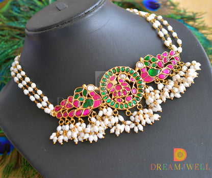 Gold tone Pink-green kundan jadau peacock rice pearl choker necklace dj-36057
