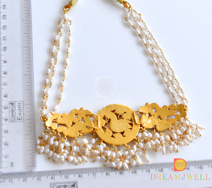 Gold tone Pink-green kundan jadau peacock rice pearl choker necklace dj-36057