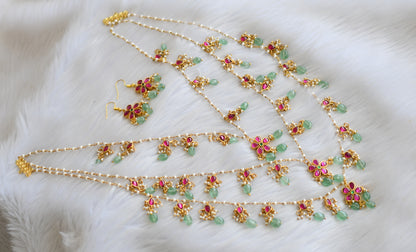 Gold tone pink-green kundan jadau multi layer pearl cluster green beads haar set dj-40615