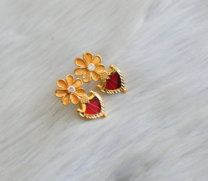 Gold tone white-red palakka flower Kerala style earrings dj-41935