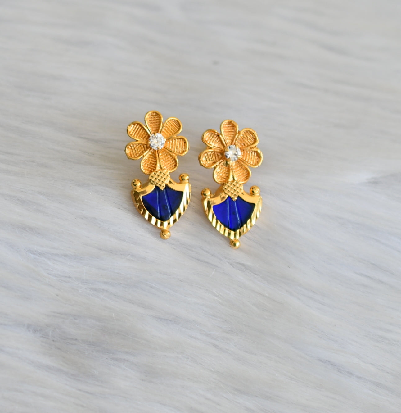 Gold tone white-blue palakka flower Kerala style earrings dj-41936