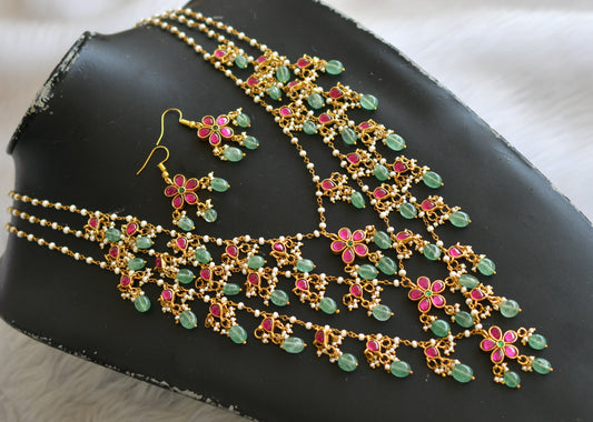 Gold tone pink-green kundan jadau multi layer pearl cluster green beads haar set dj-40615