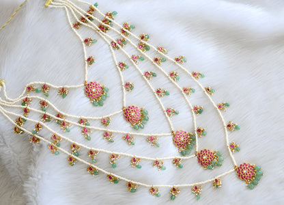 Gold tone pink-white kundan jadau multi layer cluster-green beads haar dj-40614