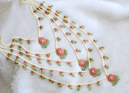 Gold tone pink-white kundan jadau multi layer cluster-green beads haar dj-40614