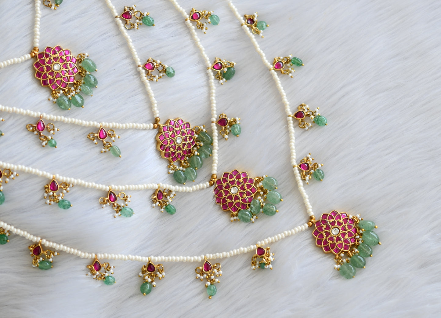 Gold tone pink-white kundan jadau multi layer cluster-green beads haar dj-40614