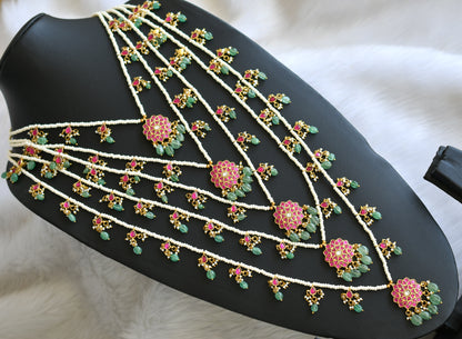 Gold tone pink-white kundan jadau multi layer cluster-green beads haar dj-40614