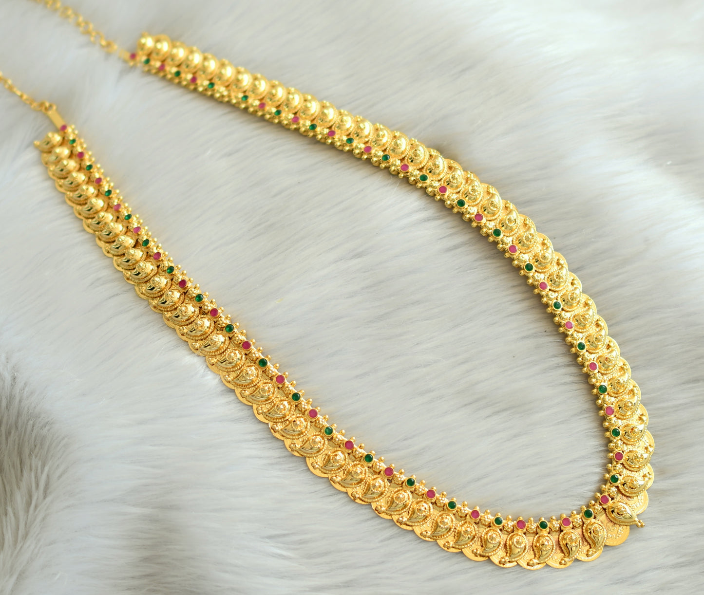 Gold tone ruby-green mango lakshmi coin reversible haar dj-33067