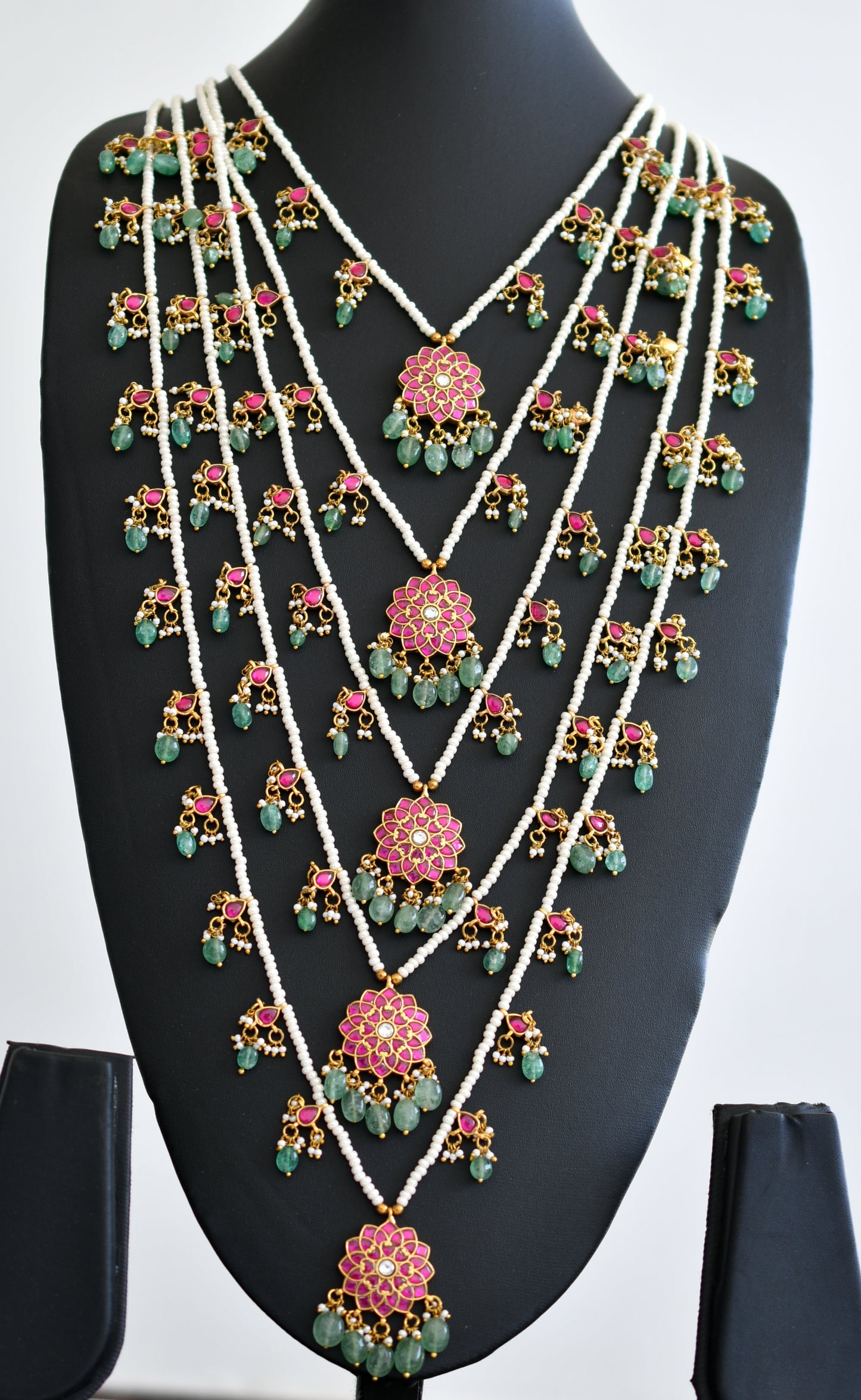 Gold tone pink-white kundan jadau multi layer cluster-green beads haar dj-40614