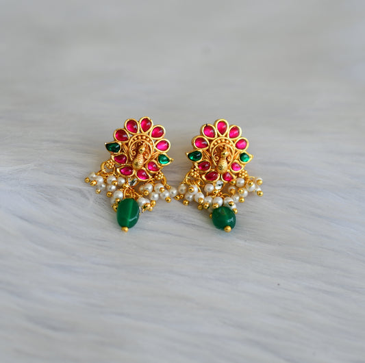Matte finish pink-green kundan jadau peacock pearl cluster green beads earrings dj-40627