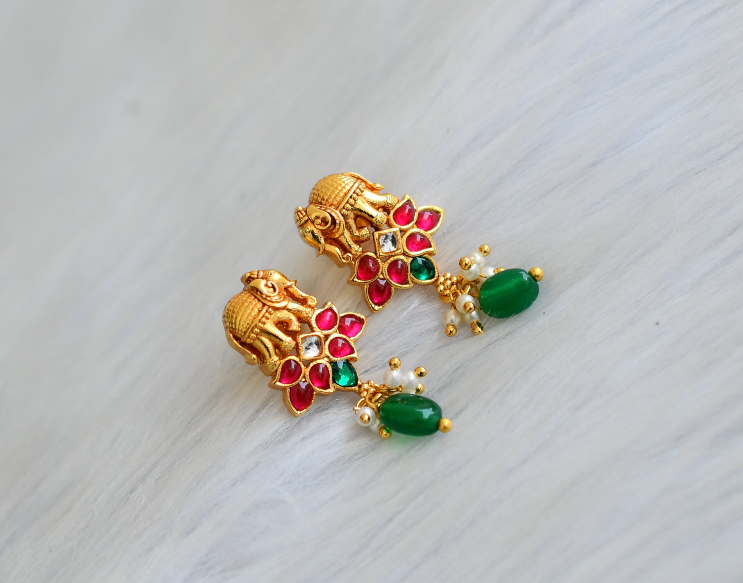 Matte finish pink-green-white kundan jadau Elephant pearl cluster green beads earrings dj-40628