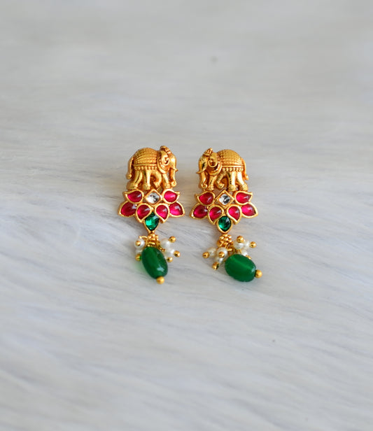 Matte finish pink-green-white kundan jadau Elephant pearl cluster green beads earrings dj-40628