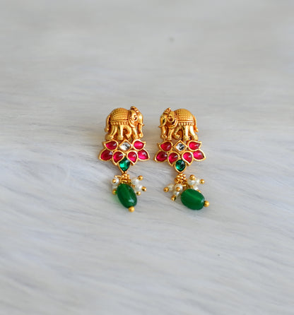 Matte finish pink-green-white kundan jadau Elephant pearl cluster green beads earrings dj-40628