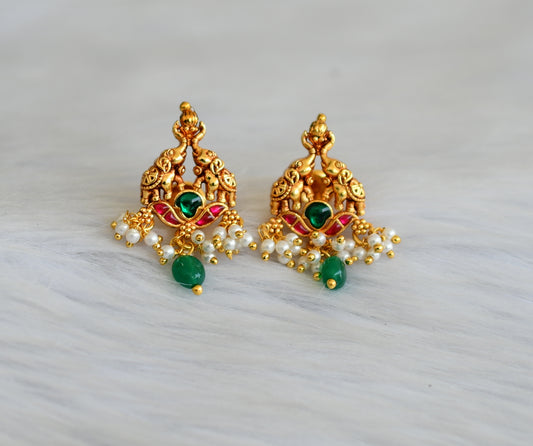 Matte finish pink-green kundan jadau Elephant pearl cluster green beads earrings dj-40629