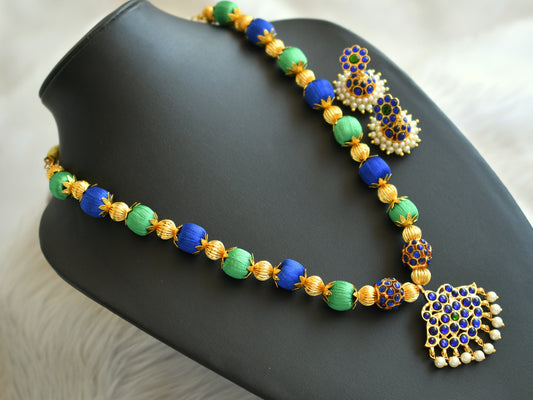 Gold tone green-blue rudhra ball silk thread necklace set dj-18821