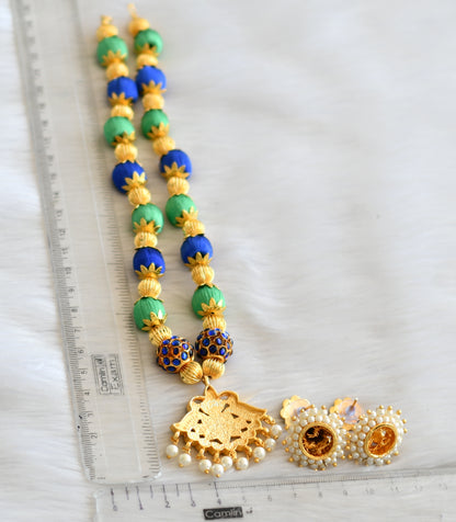 Gold tone green-blue rudhra ball silk thread necklace set dj-18821