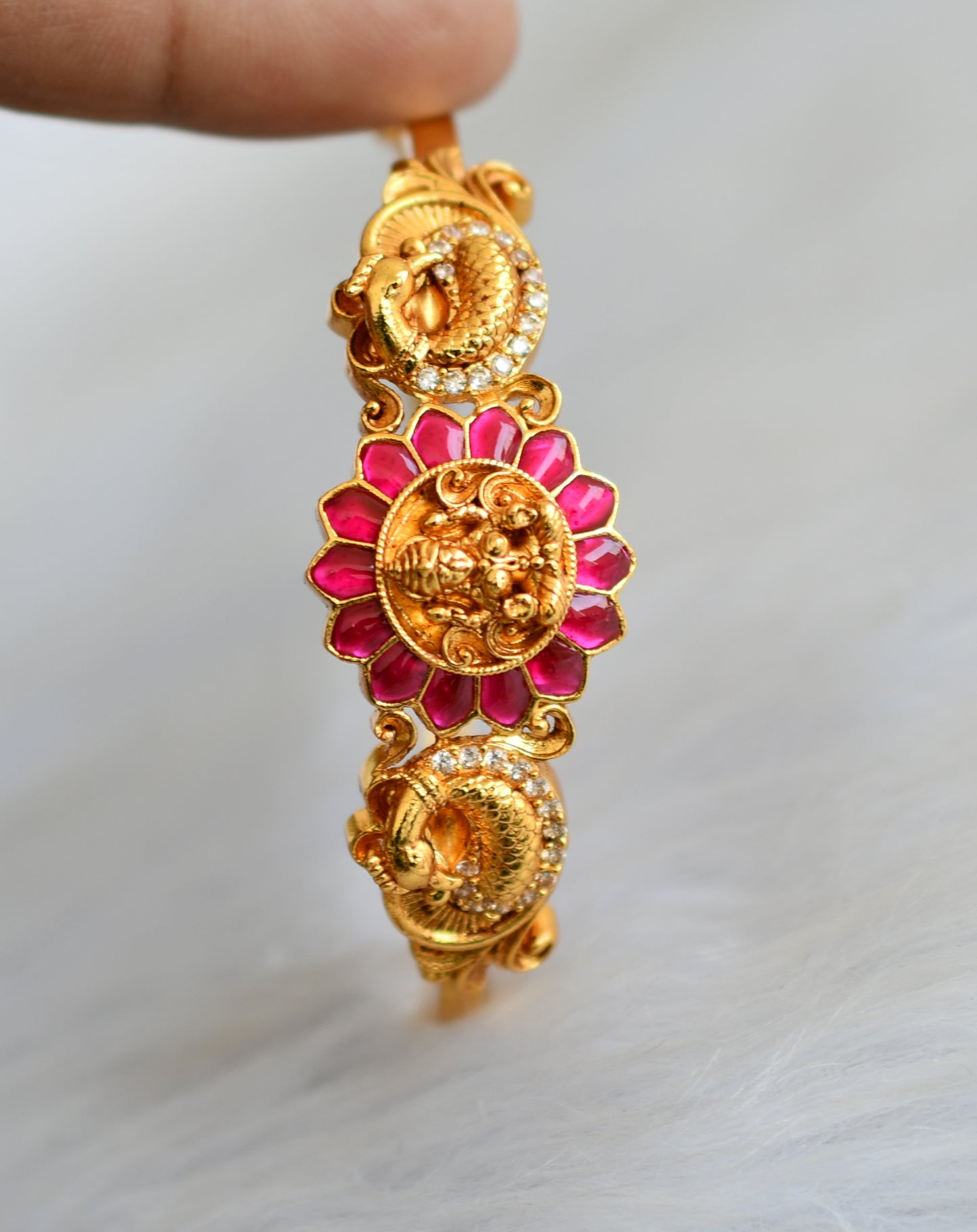 Matte finish pink-white kundan jadau Lakshmi-peacock bracelet dj-40632