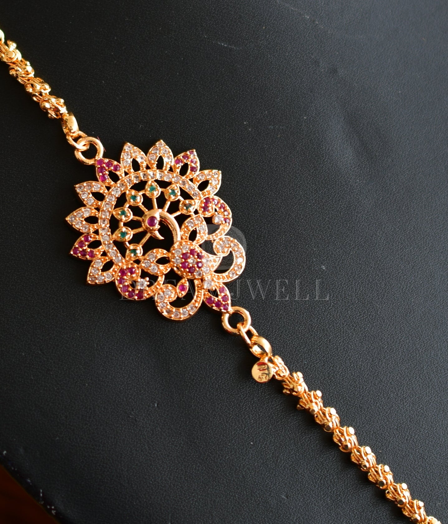 Gold Tone Cz Ruby-green Peacock Designer Mugappu Chain dj-33598