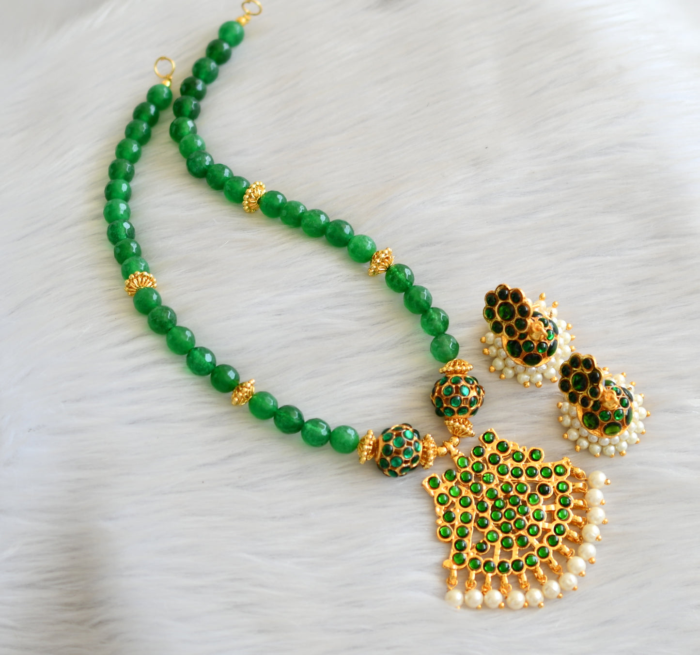 Gold tone green beaded kemp necklace set dj-18850