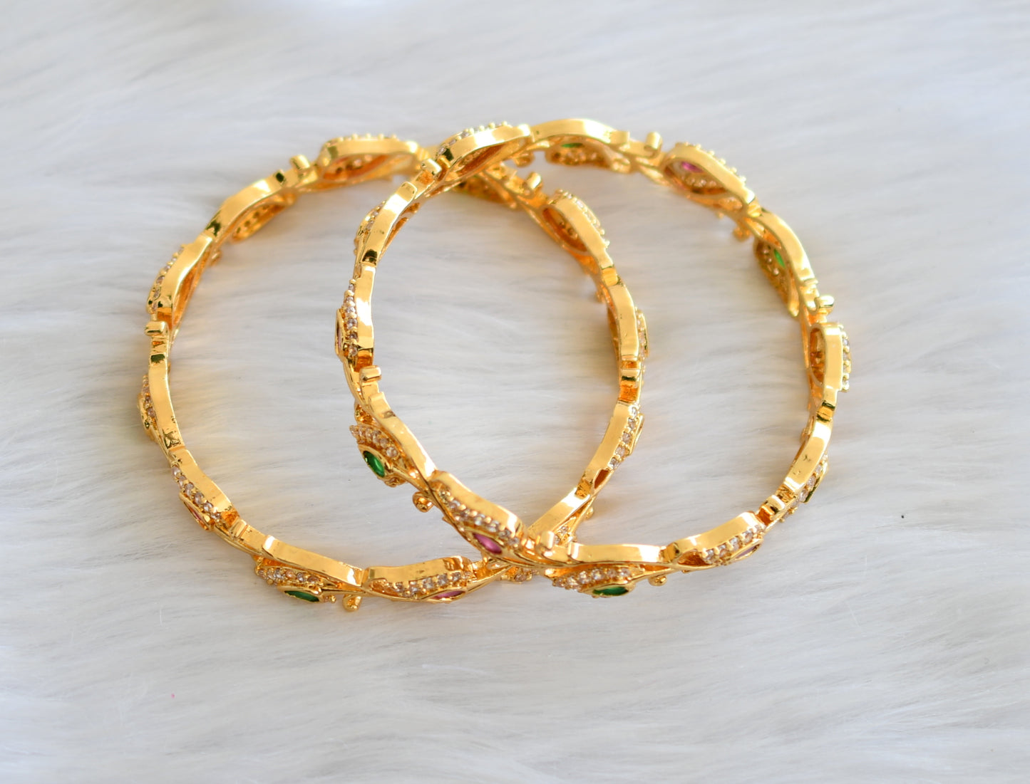 Gold tone ruby-emerald-white stone mango bangles (2.4) dj-40634