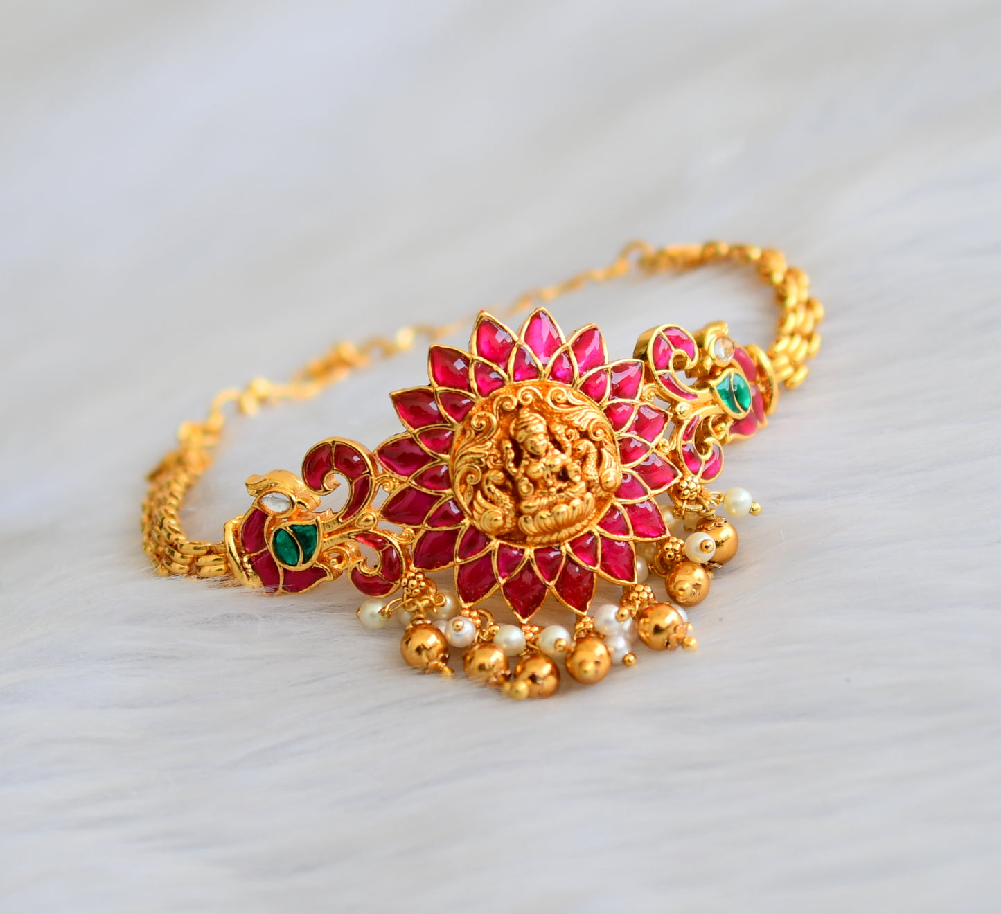 Matte finish red-green-white kundan jadau Lakshmi peacock choker necklace dj-40625