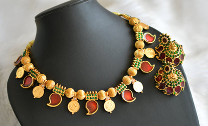 Gold tone kerala style red-green mango coin necklace set dj-18822