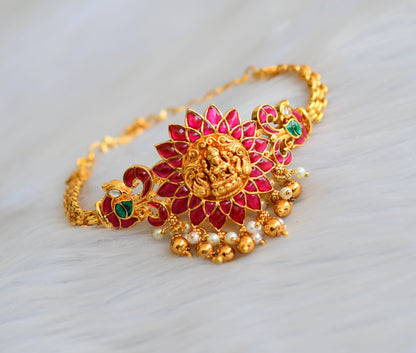 Matte finish red-green-white kundan jadau Lakshmi peacock choker necklace dj-40625