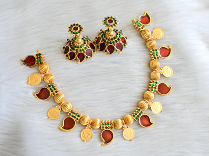 Gold tone kerala style red-green mango coin necklace set dj-18822