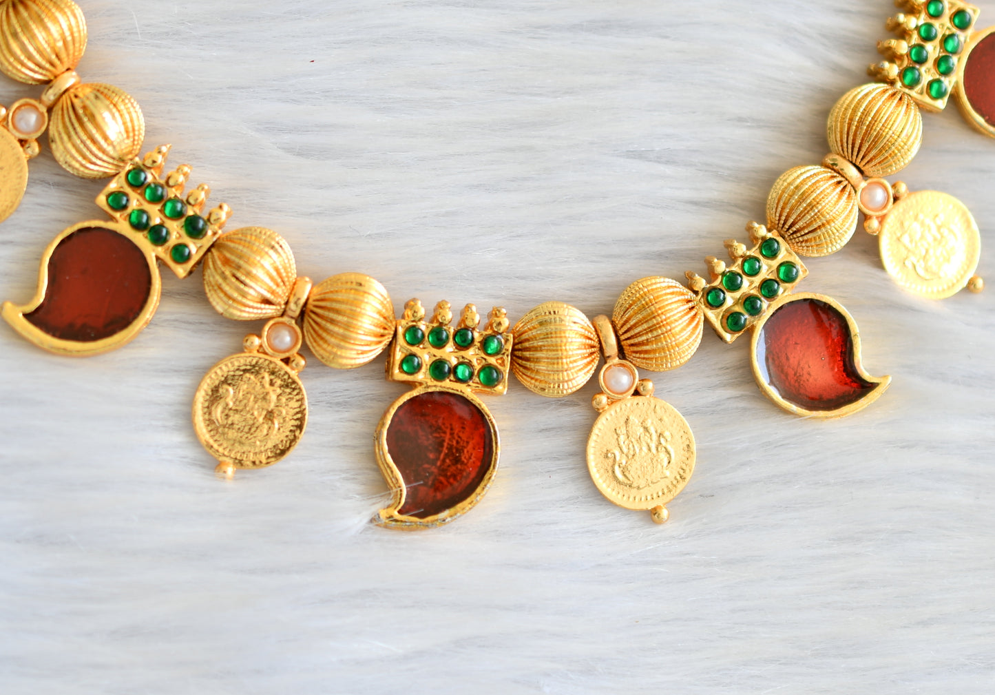 Gold tone kerala style red-green mango coin necklace set dj-18822