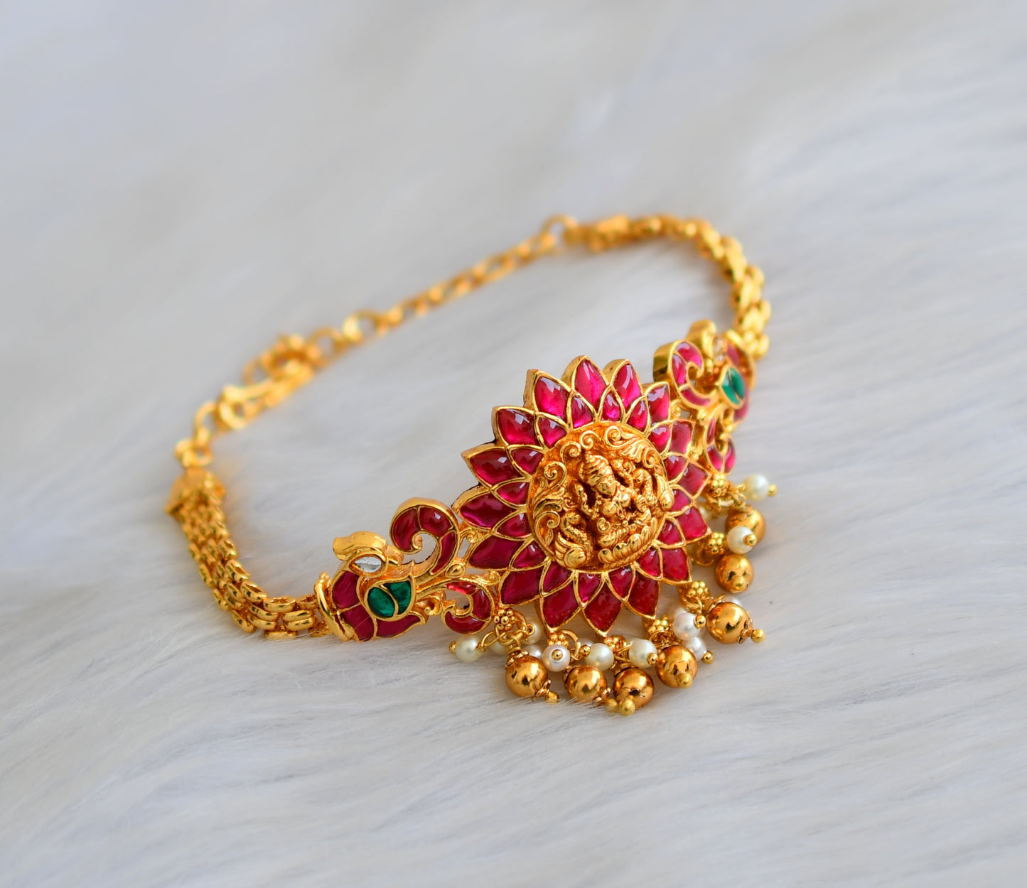 Matte finish red-green-white kundan jadau Lakshmi peacock choker necklace dj-40625