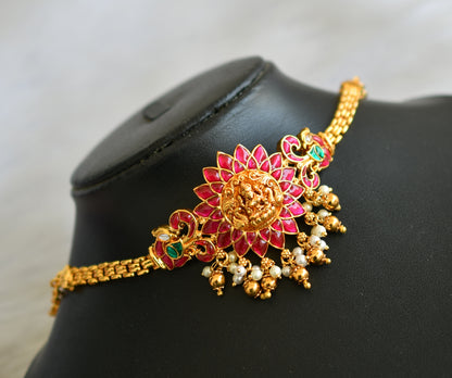 Matte finish red-green-white kundan jadau Lakshmi peacock choker necklace dj-40625