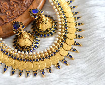 Antique pearl blue Lakshmi coin necklace set dj-02161