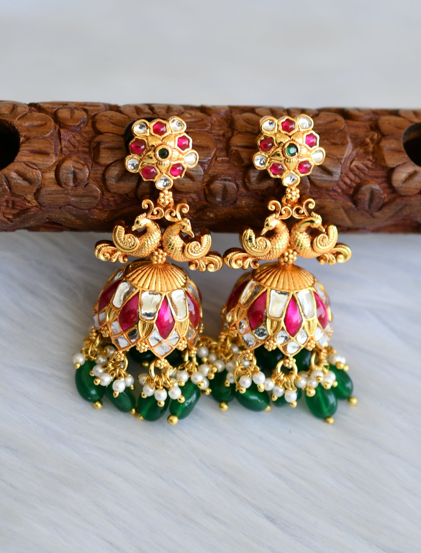 Matte finish pink-green-white kundan jadau peacock pearl cluster green beads jhumkka dj-40630