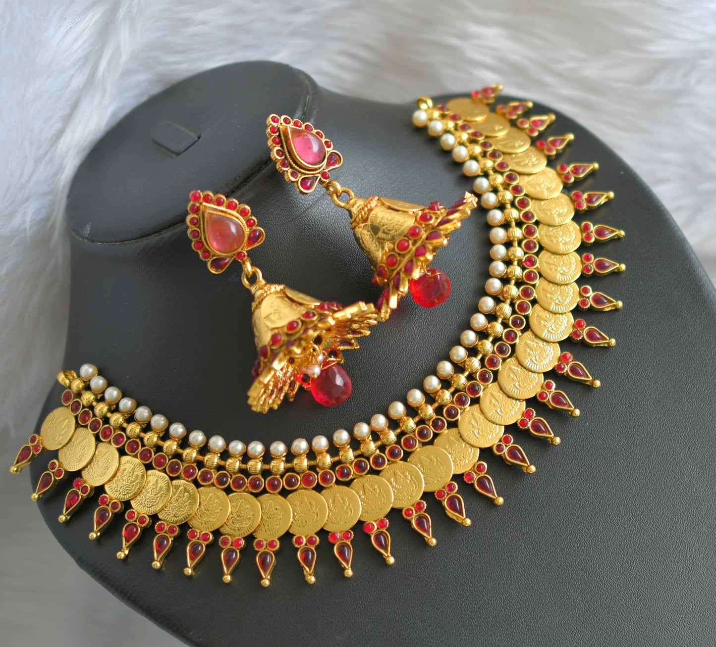 Antique pearl pink Lakshmi coin necklace set dj-02163