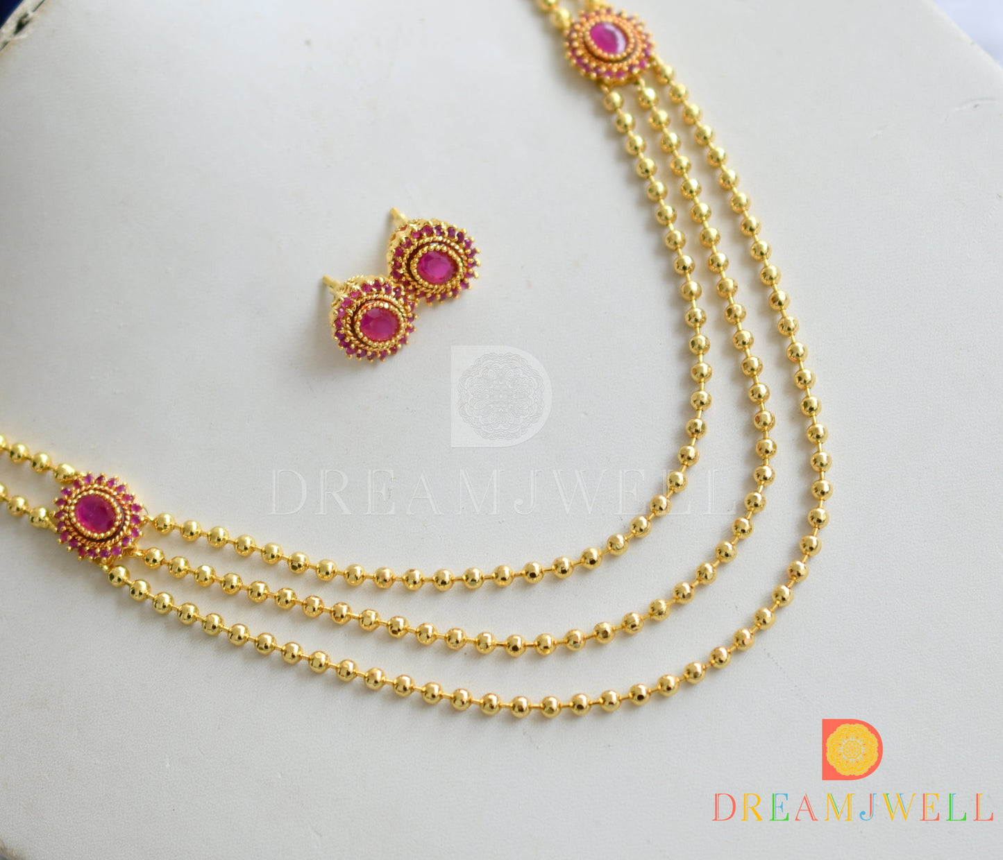 Gold tone multi layer ruby necklace set dj-01294