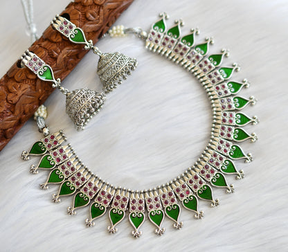 Silver tone pink-green palakka Kerala style necklace set dj-40642