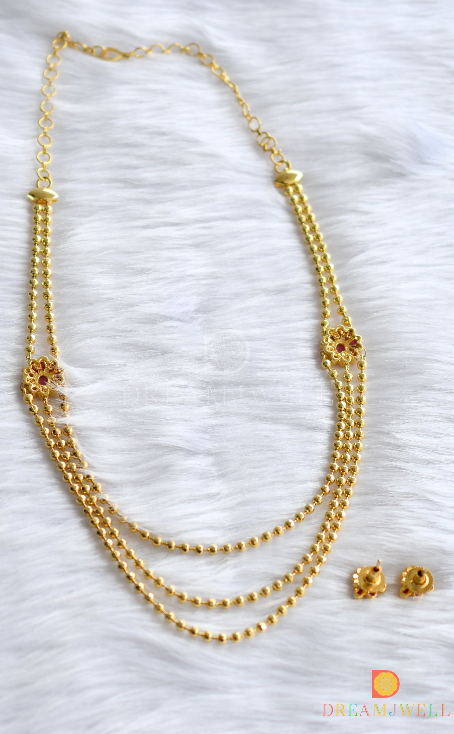 Gold tone multi layer ruby necklace set dj-01295